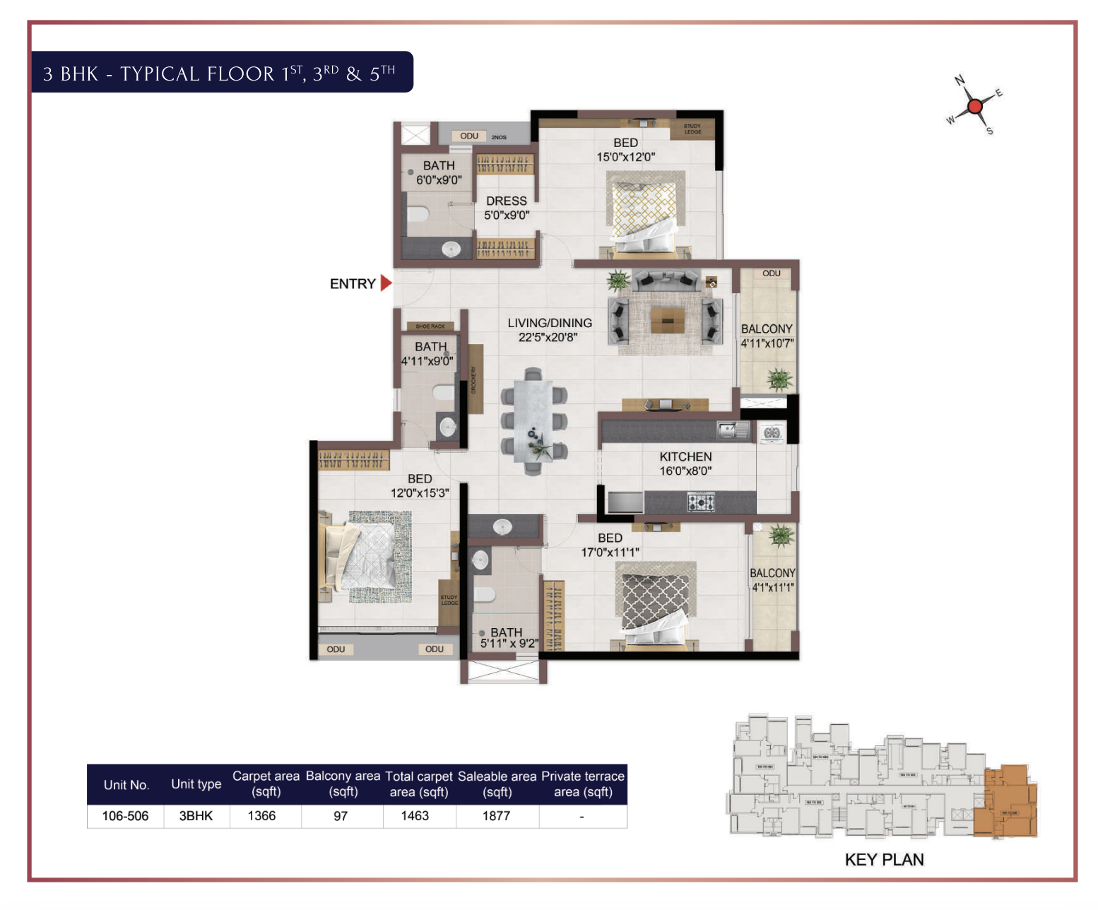 Casagrand Dior - 3BHK - Typical Floor Plan - 1st, 3rd and 5th
